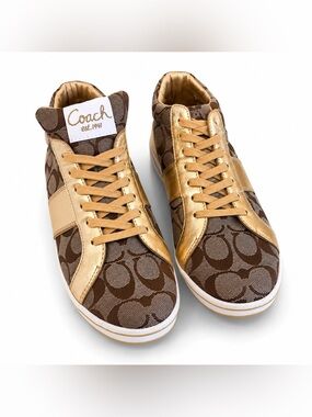 COACH Finch Signature Gold High Top Sneakers Monogram Shoes